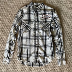 Men’s Harley Davidson Long Sleeve Plaid Button Down Shirt Black and White